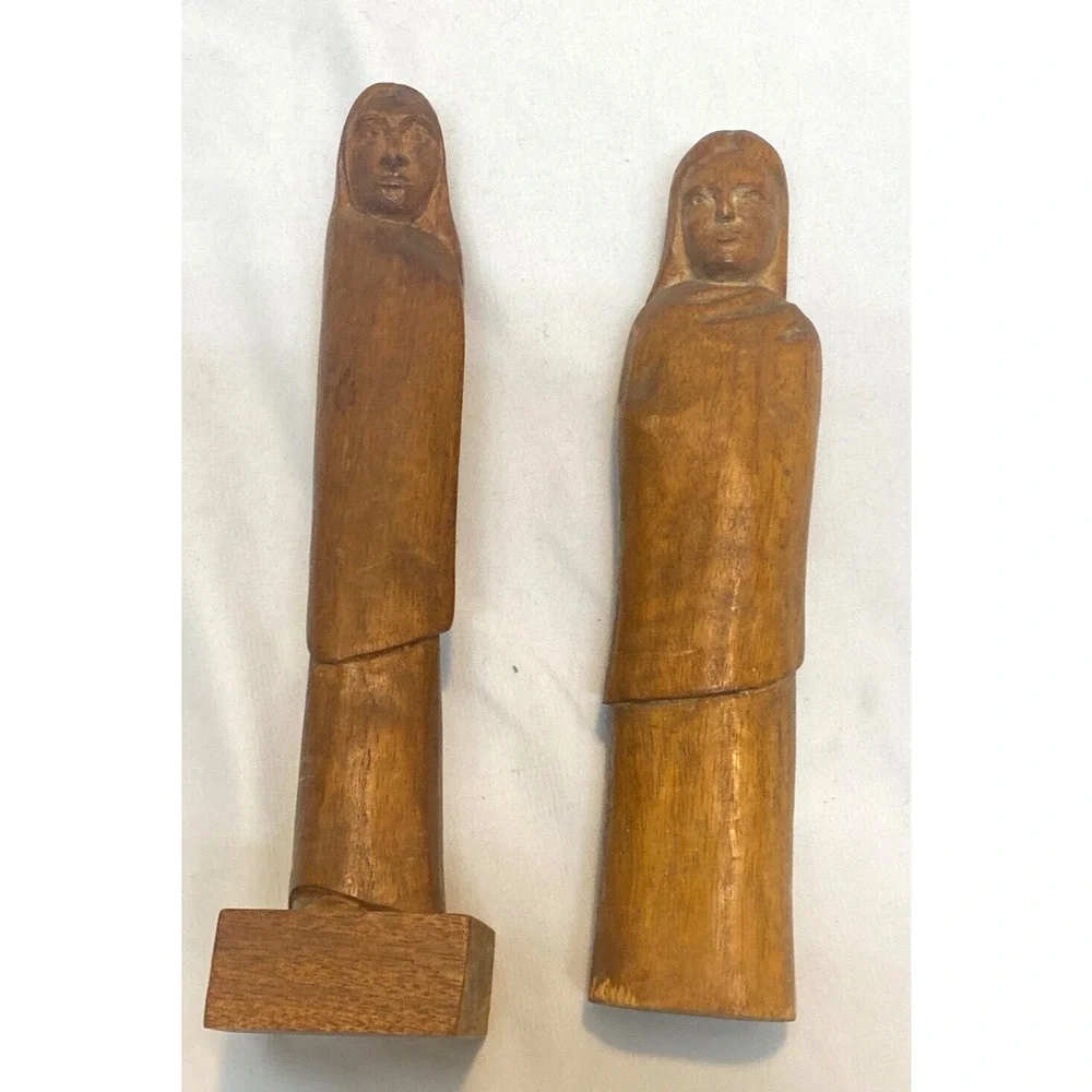 2 Hand Carved Wood Folk Figures Women 1 Signed